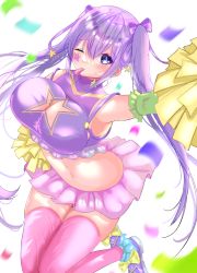 Rule 34 | 1girl, absurdres, bad id, bad pixiv id, blue eyes, blush, bow, breast tattoo, breasts, cheerleader, cleavage, cleavage cutout, clothing cutout, crop top, facial mark, hair bow, heart, highres, jumping, large breasts, midriff, miniskirt, one eye closed, original, pink thighhighs, pom pom (cheerleading), purple hair, shimikani, skirt, sleeveless, solo, star (symbol), star cutout, tattoo, thighhighs, twintails, whistle, zettai ryouiki