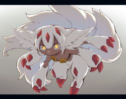 Rule 34 | 1girl, animal ears, backlighting, breasts, claws, commentary request, constricted pupils, dark-skinned female, dark skin, extra arms, eyes visible through hair, faputa, fewer digits, full body, glowing, glowing eyes, gradient background, grey background, leaning forward, letterboxed, looking at viewer, made in abyss, multiple tails, orange eyes, small breasts, solo, sukasshu (mroooo), tail, very dark skin, white fur, white hair