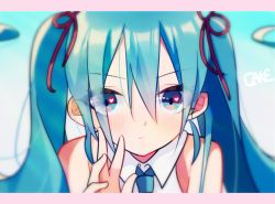 Rule 34 | 1girl, aqua hair, artist name, bare shoulders, blue eyes, blue necktie, blurry, blurry background, blush, cake (isiofb), closed mouth, collared shirt, commentary request, depth of field, hair between eyes, hair ribbon, hand up, hatsune miku, heart, heart in eye, letterboxed, long hair, looking at viewer, necktie, red ribbon, revision, ribbon, shirt, sleeveless, sleeveless shirt, solo, symbol in eye, twintails, vocaloid, white shirt