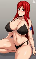 Rule 34 | 1girl, abs, absurdres, arm support, arm tattoo, arms behind back, bikini, black bikini, breasts, cleavage, erza scarlet, fairy tail, grey background, hair down, halterneck, highres, jmg, large breasts, mixed-language commentary, navel, ponytail, red eyes, red hair, side-tie bikini bottom, smile, strap gap, string bikini, swimsuit, tattoo, toned, twitter username