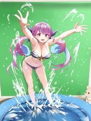 Rule 34 | 1girl, ahoge, aqua hair, bent over, bikini, braid, breasts, cat, colored inner hair, commentary request, drill hair, green screen, halterneck, highres, hololive, indoors, komugi (minato aqua), large breasts, long hair, minato aqua, minato aqua (hololive summer 2019), multicolored hair, navel, open mouth, pink hair, purple eyes, smile, solo, splashing, string bikini, striped bikini, striped clothes, summer tail720, swimsuit, twin drills, two-tone hair, very long hair, virtual youtuber, wading, wading pool