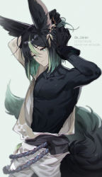 Rule 34 | 1boy, animal ear fluff, animal ears, arms up, asymmetrical sleeves, black bodysuit, black gloves, black hair, black shirt, blunt ends, bodysuit, branch, bright pupils, closed mouth, commentary request, drawstring, earrings, flower, fox ears, genshin impact, gloves, gradient eyes, green eyes, green hair, grey background, highres, hood, hood down, hoodie, jewelry, lips, long sleeves, looking at viewer, male focus, medal, multicolored clothes, multicolored eyes, multicolored hair, shirt, short hair, short sleeves, sidelocks, simple background, single earring, solo, tassel, tighnari (genshin impact), turtleneck, twitter username, two-tone gloves, two-tone hair, uxien