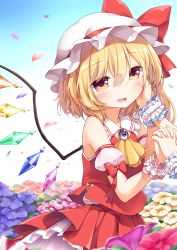 Rule 34 | 2girls, anzu ame, blonde hair, blush, commentary request, crystal, fang, flandre scarlet, flower, hand on another&#039;s face, hat, holding hands, long hair, mob cap, multiple girls, open mouth, outdoors, red eyes, remilia scarlet, shirt, siblings, side ponytail, sisters, skirt, sleeveless, sleeveless shirt, smile, solo focus, touhou, wind, wind lift, wings