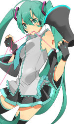 Rule 34 | 1girl, bad id, bad pixiv id, detached sleeves, female focus, fingerless gloves, gloves, green eyes, green hair, hatsune miku, koi wa sensou (vocaloid), long hair, matching hair/eyes, megaphone, meno, mouth hold, necktie, simple background, skirt, solo, thighhighs, twintails, very long hair, vocaloid, white background