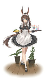 Rule 34 | 1girl, absurdres, alternate costume, amiya (arknights), animal ears, apron, arknights, artist name, black dress, blue eyes, brown hair, commentary, crossed legs, dress, drinking straw, english commentary, enmaided, flower pot, food, glass, hair between eyes, highres, holding, holding plate, ku-ini, loafers, long hair, looking at viewer, maid, maid headdress, omelet, omurice, open mouth, parfait, plant, plate, ponytail, rabbit ears, rabbit girl, shoes, short hair, sidelocks, simple background, socks, solo, very long hair, waist apron, watson cross, white background, white socks, wooden floor