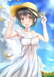 Rule 34 | 1girl, :d, armpits, bare arms, black ribbon, blurry, blurry background, blush, breasts, cloud, cloudy sky, collarbone, commentary request, day, dress, flower, hand on headwear, hat, highres, looking at viewer, medium breasts, open mouth, original, outdoors, red eyes, ribbon, short hair, short sleeves, sky, smile, solo, straw hat, sundress, sunflower, sunsun2812, white dress