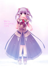 Rule 34 | 1girl, animal ears, blush, christmas, gift, holding, holding gift, na-ga, scarf, snow, solo, twintails
