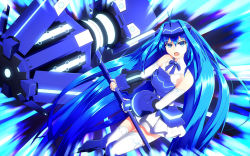 Rule 34 | 1girl, armor, blue eyes, blue hair, breastplate, detached sleeves, fingerless gloves, gauntlets, gloves, greaves, hammer, headgear, highres, long hair, matching hair/eyes, ryou apollo, solo, thighhighs, vividblue, vividred operation, white thighhighs