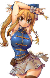 Rule 34 | 1girl, amania orz, armpits, arms up, blonde hair, blue shirt, blue sleeves, breasts, brown eyes, brown thighhighs, bursting breasts, dated, detached sleeves, fairy tail, grey skirt, large breasts, long hair, looking at viewer, lucy heartfilia, shirt, sideboob, simple background, single sleeve, skirt, sleeveless, sleeveless shirt, smile, solo, thighhighs, twitter username, white background