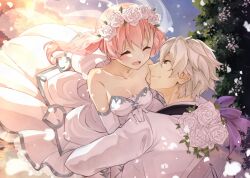 Rule 34 | 1boy, 1girl, atelier (series), atelier escha &amp; logy, bare shoulders, blush, bouquet, breasts, bridal veil, bride, cleavage, closed eyes, collarbone, couple, dress, elbow gloves, escha malier, flower, gloves, hair flower, hair ornament, hand on another&#039;s shoulder, hetero, highres, jacket, karasumi (aiseec), logix ficsario, long hair, long sleeves, looking at another, medium breasts, open mouth, petals, pink hair, rose, short hair, sky, smile, strapless, strapless dress, twintails, veil, wedding dress, white dress, white flower, white gloves, white hair, white jacket, white rose