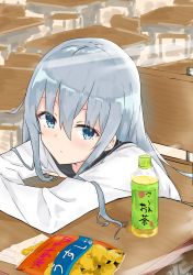 Rule 34 | 1girl, absurdres, blue eyes, chips (food), commentary request, desk, drink, evening rabbit, food, green tea, grey hair, hibiki (kancolle), highres, kantai collection, leaning on table, long hair, looking at viewer, potato chips, school uniform, serafuku, solo, tea