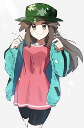 Rule 34 | 1girl, bike shorts, blush, brown eyes, brown hair, camouflage, camouflage headwear, closed mouth, commentary request, creatures (company), dress, flying sweatdrops, game freak, green hat, green jacket, hair flaps, hands up, hat, highres, jacket, kienai 11, leaf (pokemon), leaf (sygna suit) (pokemon), long hair, nintendo, official alternate costume, open clothes, open jacket, pink dress, pokemon, pokemon masters ex, short dress, sidelocks, smile, solo, twitter username, watermark, white background
