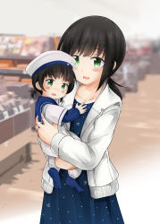 Rule 34 | 2girls, aged down, anchor print, belt, black belt, black hair, blue dress, blush, closed mouth, commentary, dress, fubuki (kancolle), green eyes, habara meguru, hair between eyes, hat, highres, holding, jacket, jewelry, kantai collection, long sleeves, looking at viewer, low ponytail, mother and daughter, multiple girls, open mouth, ponytail, ring, sailor hat, sidelocks, simple background, socks, standing, thick eyebrows, wedding band, white jacket