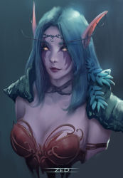 Rule 34 | aqua hair, breasts, cleavage, colored skin, commentary, dress, elf, eyebrows, grey background, headband, highres, night elf (warcraft), pointy ears, purple lips, purple skin, red dress, revealing clothes, simple background, solo, sparkling eyes, tagme, tyrande whisperwind, upper body, warcraft, world of warcraft, yellow eyes, zed (trungbui42)