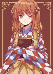 1girl apron bell blush book border checkered_clothes checkered_kimono checkered_shirt closed_mouth commentary hair_bell hair_ornament highres holding holding_book inset_border japanese_clothes jingle_bell kimono long_sleeves looking_at_viewer motoori_kosuzu orange_eyes orange_hair ornate_border shirt smile solo touhou washipanda wide_sleeves yellow_apron