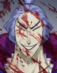 Rule 34 | 1boy, asian, blood, blood on face, blood splatter, denjirou (one piece), eungyugiyomi, evil eyes, evil smile, frown, half-closed eyes, high ponytail, long sideburns, male focus, one piece, pale skin, portrait, serious, short hair, sideburns, smile, solo, thick eyebrows