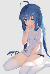 Rule 34 | 1girl, absurdres, ahoge, avant garde (artist), blue eyes, blue hair, blush, braid, contemporary, female focus, highres, long hair, looking at viewer, mushoku tensei, parted lips, roxy migurdia, see-through, simple background, sitting, solo, thighhighs, thighs, twin braids, wariza, wet, wet clothes, white thighhighs