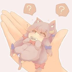 Rule 34 | 1girl, ?, animal ears, blush, cat ears, cat tail, catchouli (hazuki ruu), chibi, coat, commentary, covering own mouth, crescent, crescent hair ornament, dress, flying sweatdrops, hair ornament, hair ribbon, hazuki ruu, in palm, kemonomimi mode, long hair, lying, mini person, minigirl, on back, patchouli knowledge, pov, pov hands, purple eyes, purple hair, ribbon, spoken question mark, striped clothes, striped dress, tail, touhou, translated, tress ribbon, very long hair