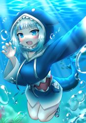 Rule 34 | 1girl, :d, alternate breast size, animal hood, blue eyes, blue hair, blue hoodie, blunt bangs, blush, commentary, deaver, fins, fish, fish tail, gawr gura, gawr gura (1st costume), highres, hololive, hololive english, hood, hoodie, long sleeves, looking at viewer, multicolored hair, nail polish, open mouth, reaching, reaching towards viewer, shark girl, shark hood, shark tail, sharp teeth, smile, solo, streaked hair, tail, teeth, underwater, virtual youtuber, white hair