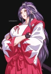 Rule 34 | 1girl, absurdres, artist name, closed mouth, crossed arms, hakama, hakama skirt, haori, highres, japanese clothes, kimono, long hair, long sleeves, looking at viewer, meira (touhou), orb, ponytail, purple hair, red eyes, red skirt, skirt, solo, touhou, touhou (pc-98), ultragruntyy, white kimono, yin yang, yin yang orb
