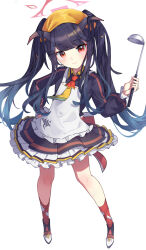 Rule 34 | 1girl, apron, black hair, blue archive, blush, closed mouth, demon horns, full body, fuuka (blue archive), halo, highres, holding, holding ladle, horns, ladle, long hair, looking at viewer, red eyes, red halo, simple background, smile, solo, teallysky, twintails, white apron, white background