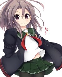 Rule 34 | 1girl, amano kouki, black pantyhose, brown hair, cosplay, crescent, crescent moon, green skirt, highres, kantai collection, long sleeves, moon, mutsuki (kancolle), mutsuki (kancolle) (cosplay), navel, neckerchief, pantyhose, pleated skirt, remodel (kantai collection), revision, school uniform, serafuku, short hair, simple background, skirt, sleeves past wrists, smile, solo, zuihou (kancolle)