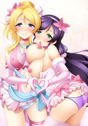 Rule 34 | 10s, 2girls, ass, ayase eli, bare shoulders, blonde hair, blue eyes, blush, bokutachi wa hitotsu no hikari, breasts, breasts out, choker, clothes lift, clothes pull, collarbone, covered erect nipples, dress, dress lift, dress pull, elbow gloves, flower, gloves, green eyes, hair flower, hair ornament, hairband, hand on another&#039;s ass, heart, heart hands, heart hands duo, inverted nipples, large breasts, licking, licking nipple, long hair, looking at viewer, love live!, love live! school idol festival, love live! school idol project, multiple girls, narutaki shin, nipple stimulation, nipples, no bra, open mouth, panties, pink dress, pink gloves, purple hair, purple panties, sash, scrunchie, single thighhigh, smile, striped clothes, striped legwear, striped thighhighs, sweat, thighhighs, tongue, tongue out, topless, tojo nozomi, underwear, very long hair, white panties, yuri