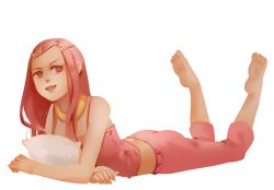 Rule 34 | 1girl, 3four, anemone (eureka seven), ass, barefoot, blue eyes, capri pants, eureka seven, eureka seven (series), hair ornament, hairclip, long hair, open mouth, pants, pink hair, simple background, smile, solo