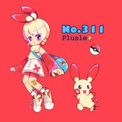 Rule 34 | 1girl, bag, bandaid, blonde hair, character name, creature and personification, creatures (company), full body, game freak, gen 3 pokemon, long sleeves, narumame, nintendo, personification, plusle, pocket, poke ball, poke ball (basic), pokedex number, pokemon, pokemon (creature), red background, red eyes, red shorts, shoes, short hair, shorts, shoulder bag, simple background, smile, socks, zipper, zipper pull tab
