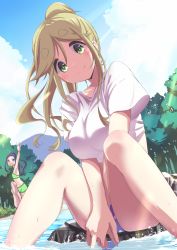 Rule 34 | 2girls, absurdres, armpits, bikini, blonde hair, breasts, commentary, day, green eyes, highres, inuyama aoi, large breasts, long hair, looking at viewer, multiple girls, n2midori, oogaki chiaki, outdoors, ponytail, purple hair, shirt, sitting, sky, swimsuit, t-shirt, thick eyebrows, v, water, yurucamp