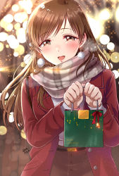Rule 34 | 1girl, bag, belt, blurry, blurry background, blush, bokeh, brown eyes, brown hair, brown skirt, commentary request, depth of field, earrings, gen (enji), gift, glint, highres, idolmaster, idolmaster cinderella girls, jacket, jewelry, long hair, long sleeves, looking at viewer, night, nitta minami, open mouth, outdoors, paper bag, red jacket, scarf, skirt, solo, sweater, upper body, white sweater