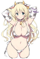 Rule 34 | 1girl, animal ears, animal print, atago (kancolle), bell, bikini, blonde hair, blue eyes, blush, closed mouth, collarbone, cow ears, cow horns, cow print, cow print bikini, cow tail, cowbell, cropped legs, dated, elbow gloves, gloves, hair between eyes, horns, kantai collection, long hair, navel, odawara hakone, one-hour drawing challenge, print bikini, simple background, smile, solo, swimsuit, tail, thighhighs, twitter username, white background, white bikini, white gloves, white thighhighs