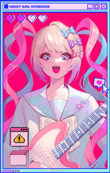 Rule 34 | 1girl, :d, blonde hair, blue bow, blue eyes, blue hair, blue nails, blue shirt, bow, chouzetsusaikawa tenshi-chan, collarbone, cursor, decora, guitar, hair bow, heart, highres, holding, holding instrument, instrument, long hair, long sleeves, looking down, multicolored hair, multicolored nails, multiple hair bows, nail polish, needy girl overdose, open mouth, pink bow, pink hair, pink nails, purple bow, quad tails, sailor collar, school uniform, serafuku, shirt, smile, solo, twintails, upper body, user interface, very long hair, yellow bow, youzi cha