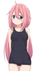 Rule 34 | 1girl, ahoge, arms behind back, bare arms, bare shoulders, black one-piece swimsuit, blue eyes, blush, breasts, closed mouth, collarbone, covered navel, hair between eyes, highres, kagamihara nadeshiko, long hair, old school swimsuit, one-piece swimsuit, pink hair, school swimsuit, simple background, small breasts, solo, swimsuit, takasuma hiro, thigh gap, very long hair, white background, yurucamp