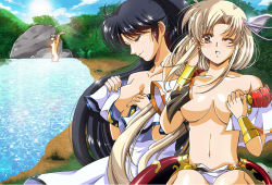 Rule 34 | 3girls, bad id, bad pixiv id, bare shoulders, black hair, blonde hair, blush, bracelet, breasts, breasts apart, closed eyes, collarbone, dress, forest, hair ornament, hikaru (mikan0407), jessica (langrisser), jewelry, langrisser, langrisser ii, light rays, long hair, medium breasts, multiple girls, nature, navel, nipples, no bra, nude, nudist, one eye closed, open clothes, partially submerged, riana (langrisser), river, sherry (langrisser), silver hair, smile, sunlight, traditional media, undressing, unworn clothes, white dress, wristband, yellow eyes