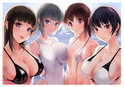 Rule 34 | 4girls, alone belm, asymmetrical docking, backlighting, bare shoulders, bikini, black bikini, bloom, blue eyes, blunt bangs, blush, breast press, breasts, breasts apart, brown hair, cleavage, closed mouth, collarbone, contrapposto, covered erect nipples, covered navel, dated, expressionless, grey hair, hair between eyes, halterneck, highres, impossible clothes, impossible swimsuit, large breasts, leaning to the side, lips, long hair, looking at viewer, medium hair, multiple girls, navel, ocean, one-piece swimsuit, original, pink eyes, purple hair, pursed lips, red eyes, revealing clothes, shiny swimsuit, short hair, sidelocks, signature, skindentation, sky, slingshot swimsuit, small breasts, smile, swimsuit, tongue, tongue out, upper body, white one-piece swimsuit, wide-eyed