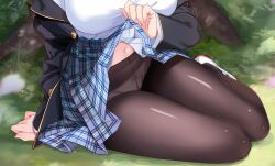 Rule 34 | 1girl, black jacket, black pantyhose, blue skirt, breasts, chinese commentary, close-up, clothes down, clothes lift, commentary request, flannel, grass, highres, jacket, large breasts, lower body, navel, original, outdoors, panties, panties under pantyhose, pantyhose, shirt, sitting, skirt, skirt lift, solo, tree, under tree, underwear, uniform, white footwear, white shirt, yokozuwari, youlancangkong