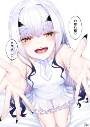 Rule 34 | 1girl, absurdres, bare shoulders, black nails, breasts, brown eyes, collarbone, dress, eyes visible through hair, melusine (fate), fangs, fate/grand order, fate (series), fingernails, forked eyebrows, heart, highres, long fingernails, long hair, looking at viewer, nail polish, open mouth, outstretched arms, sharp fingernails, short dress, sidelocks, small breasts, smile, solo, speech bubble, spoken heart, thighs, translation request, very long fingernails, watosu, white dress, white hair