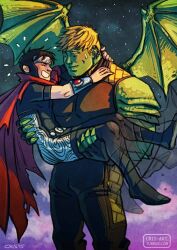 Rule 34 | 2boys, bad id, bad tumblr id, bara, black bodysuit, black hair, blonde hair, blush, bodysuit, cape, carrying, colored skin, couple, cris art, dragon wings, embarrassed, flying, green skin, headband, hulkling, large pectorals, male focus, marvel, motion blur, motion lines, multiple boys, muscular, muscular male, pectorals, princess carry, red cape, scales, short hair, sideburns, spread wings, sweatdrop, thick eyebrows, thighs, wiccan, wings, yaoi