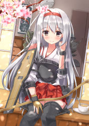 Rule 34 | 10s, 1girl, boots, bow (weapon), cherry blossoms, hairband, japanese clothes, kantai collection, long hair, md5 mismatch, muneate, personification, shoukaku (kancolle), silver hair, smile, solo, suzuame yatsumi, thigh boots, thighhighs, weapon