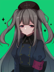Rule 34 | 1girl, apron, armband, bad id, bad pixiv id, black apron, black dress, black hat, brown eyes, buttons, closed mouth, collared dress, commentary request, cross, double-breasted, dress, green background, grey hair, half-closed eyes, hat, highres, indie virtual youtuber, juliet sleeves, long hair, long sleeves, looking at viewer, minai karte, nurse cap, okuri banto, puffy sleeves, sidelocks, solo, sparkle background, two side up, upper body, virtual youtuber, waist apron