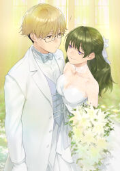 Rule 34 | !, 1boy, 1girl, absurdres, blonde hair, bouquet, bow, bowtie, breast press, breasts, bride, brown eyes, cleavage, closed mouth, commentary request, dress, flower, formal, glasses, green hair, groom, hair flower, hair ornament, hair ribbon, half updo, highres, holding, holding bouquet, jacket, land (sousou no frieren), large breasts, looking at another, purple eyes, ribbon, smile, soul (tamashii), sousou no frieren, standing, suit, ubel (sousou no frieren), wedding, wedding dress, white bow, white bowtie, white dress, white flower, white jacket, white ribbon, white suit