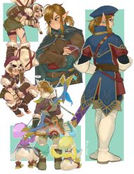 Rule 34 | 1boy, 2girls, :3, armor, arrow (projectile), artist name, barbarian set (zelda), bird girl, black cape, blonde hair, blue eyes, blue headwear, boots, bow (weapon), brown gloves, cape, crossed arms, earrings, feather hair ornament, feathers, from behind, full body, fur, fur-trimmed boots, fur trim, gloves, hair ornament, hands up, highres, holding, holding weapon, hood, hooded cape, ivy (sena0119), jewelry, kheel (zelda), knee boots, kotts (zelda), leather armor, link, multiple girls, multiple views, nintendo, official alternate costume, pointy ears, ponytail, quiver, rito, royal guard set (zelda), sheikah slate, shield, short ponytail, sitting, skull, snowquill set (zelda), standing, stomach, sword, the legend of zelda, the legend of zelda: breath of the wild, weapon, weapon on back, white footwear, white gloves