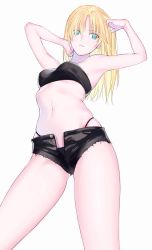 Rule 34 | 1girl, armpits, bare legs, blonde hair, breasts, closed mouth, fate/apocrypha, fate/grand order, fate (series), from below, green eyes, hair down, highres, long hair, looking at viewer, micro shorts, midriff, mordred (fate), mordred (fate/apocrypha), navel, nipi27, parted bangs, shorts, simple background, small breasts, solo, standing, tank top, tongs, white background