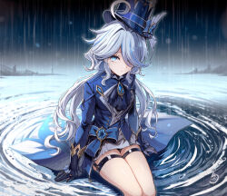 Rule 34 | 1girl, ahoge, ascot, black gloves, blue ascot, blue eyes, blue hair, blue hat, blue jacket, brooch, commentary request, furina (genshin impact), genshin impact, gloves, hair over one eye, hat, highres, jacket, jewelry, koissa, long hair, long sleeves, looking at viewer, rain, ripples, shirt, sitting, solo, thigh strap, thighs, top hat, very long hair, water, white shirt