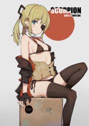 Rule 34 | 1girl, 523 (user efcm2455), absurdres, alternate underwear, bare shoulders, black gloves, black thighhighs, blonde hair, blue eyes, box, breasts, commentary request, english text, eyepatch, fingerless gloves, girls&#039; frontline, gloves, highres, looking at viewer, panties, skorpion (girls&#039; frontline), small breasts, solo, string panties, thighhighs, thighs, twintails, underwear