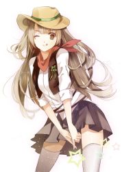 Rule 34 | 10s, 1girl, asymmetrical hair, blush, bow, brown eyes, brown hair, hair bow, hat, highres, kita (kitairoha), long hair, looking at viewer, love live!, love live! school idol project, minami kotori, open mouth, side ponytail, skirt, smile, solo, star (symbol), thighhighs, vest
