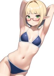 Rule 34 | 1girl, armpits, arms behind head, bikini, blonde hair, blue bikini, blush, breasts, closed mouth, collarbone, cowboy shot, dutch angle, glasses, green eyes, hair intakes, highres, looking at viewer, mikoscrub, navel, original, pointy ears, semi-rimless eyewear, simple background, skindentation, small breasts, solo, swimsuit, white background