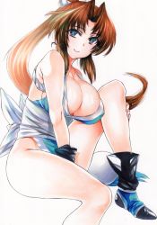 Rule 34 | 1girl, absurdres, bare shoulders, breasts, brown hair, cleavage, closed mouth, commentary request, covered erect nipples, fatal fury, highres, japanese clothes, knee up, large breasts, lips, long hair, looking at viewer, parted bangs, ponytail, revealing clothes, rope, rozarin, shiny skin, shiranui mai, simple background, sitting, sleeveless, smile, the king of fighters, thighs, traditional media