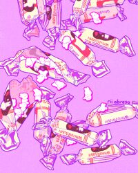 Rule 34 | animal, candy, candy wrapper, color variation, commentary, cropped, downscaled, english commentary, film grain, food, lying, minimized, no humans, no mouth, original, outline, paid reward available, pile, pink eyes, pink outline, purple background, purple outline, purple theme, rabbit, resized, rii abrego, signature, simple background, sitting, solid eyes, sweets, upside-down, white fur, white rabbit (animal), wrapped candy
